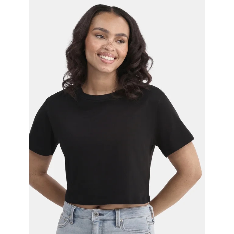 No Boundaries Cropped Boxy Cotton Tee with Short Sleeves, Women's | Walmart (US)