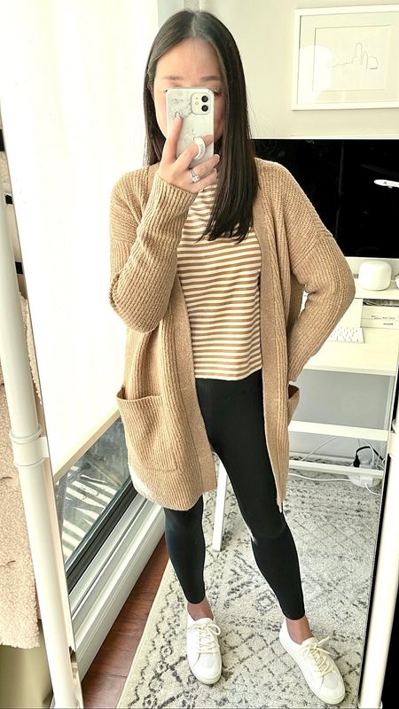 Amazon Fashion gifted cardigan in XS is an oversized fit.

AYR slushy tee in XS (get 20% off 2+ tees, use code FAB15 for an extra 15% off).

Favorite black leggings with 25" petite friendly inseam in XS.

Sneakers are stretchy but they run narrow. I took my usual size but I don't wear mine with socks.

#LTKstyletip #LTKunder50 #LTKunder100