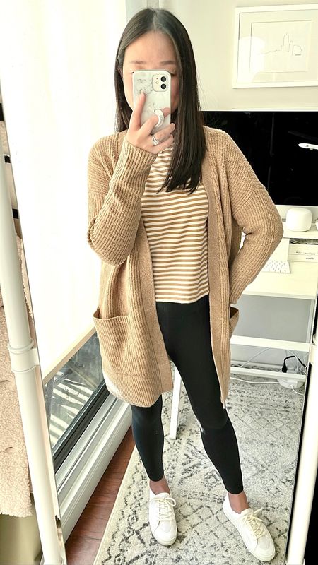 Amazon Fashion gifted cardigan in XS is an oversized fit.

AYR slushy tee in XS (get 20% off 2+ tees, use code FAB15 for an extra 15% off).

Favorite black leggings with 25" petite friendly inseam in XS.

Sneakers are stretchy but they run narrow. I took my usual size but I don't wear mine with socks.

#LTKstyletip #LTKunder50 #LTKunder100