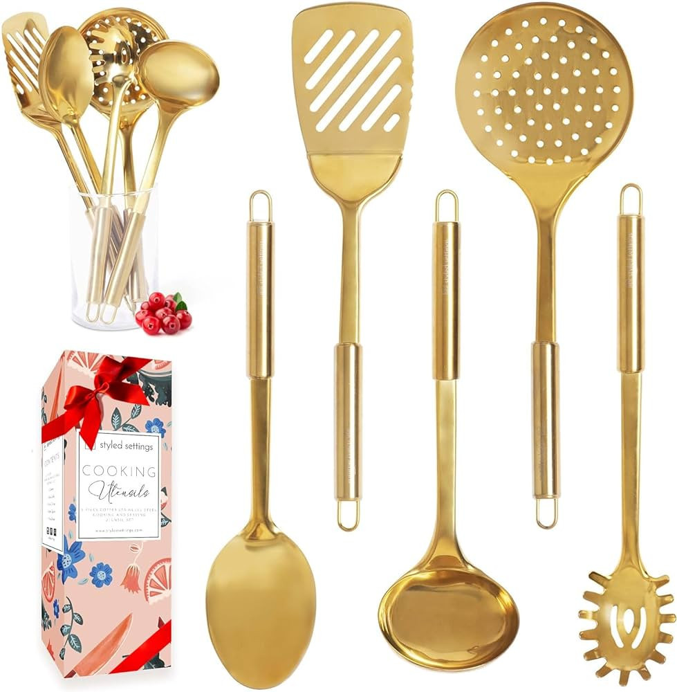 Brass/Gold Cooking Utensils Set for Modern Cooking and Serving - 5 PC Dishwasher Safe Stainless S... | Amazon (US)
