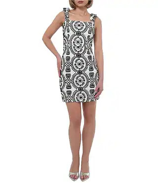 Embroidered Square Neck Sleeveless Bow Shoulder Mini Sheath Dress | Dillard's