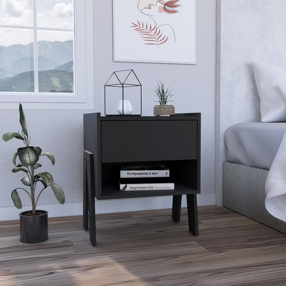 Valladolid Nightstand Black - Boahaus: Modern Bedroom Storage with Open Shelf & Metal Rails | Target