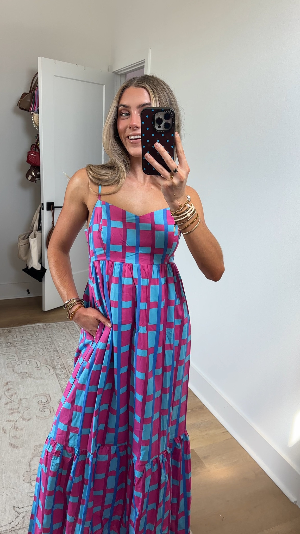 @balticbornclothing size XS my code is SLOANEBB15. The Rita Maxi Dress in a bold pink-and-blue geometric check is designed for warm-weather events. Made from 100% cotton with a lined bodice to mid-thigh, it combines breathable comfort with a feminine, flowing silhouette.

#LTKSaleAlert #LTKootd #LTKWedding