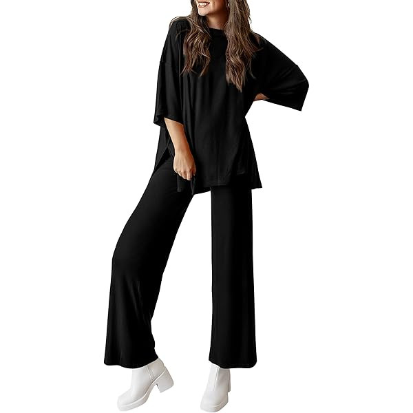 PRETTYGARDEN Women's Two Piece Lounge Sets Matching Long Sleeve Shirts Wide Leg Pants Tracksuits Travel Outfits Fall Clothes | Amazon (US)