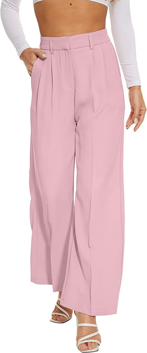 FUNYYZO Women's Wide Leg Pants High Elastic Waisted in The Back Business Work Trousers Long Strai... | Amazon (US)