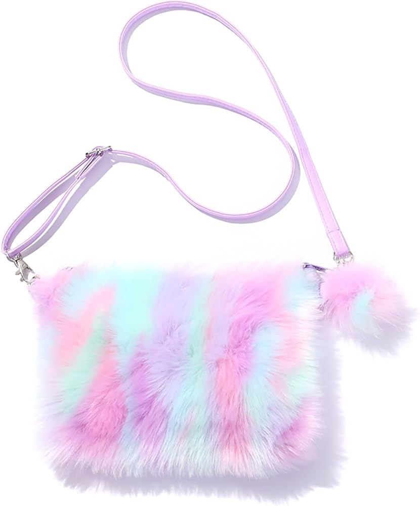 Kids Girls Fluffy Fuzzy Crossbody Purse Plush Tie Dye Rainbow Shoulder Bag Handbag Wallet Purple | Amazon (US)