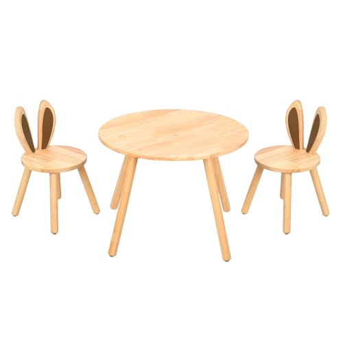 Rubberwood Kids Table and Chair Set, Natural Wood, Easy to Clean, Toddler Table with 2 Rabbir Cha... | Amazon (US)