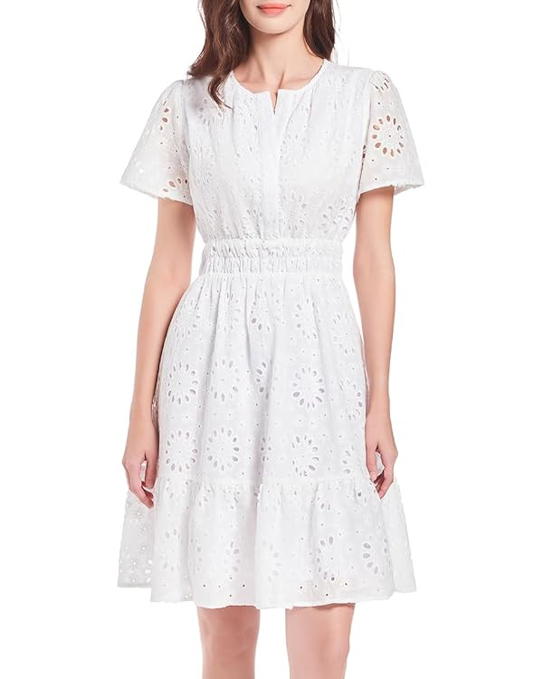Women's 2024 Eyelet Dress A Line Short Sleeve Hollow Out Beach Party Dresses Formal Embroidery Su... | Amazon (US)