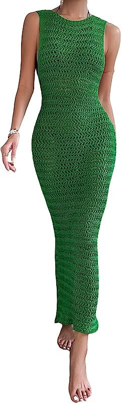 MakeMeChic Women's Crochet Cover Up Dress Hollow Out Knitted Swimsuit Cover Up Sleeveless Beach L... | Amazon (US)