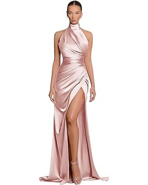 Halter Mermaid Bridesmaid Dresses with Slit Long Satin Prom Dresses for Women Formal Party Gowns | Amazon (US)