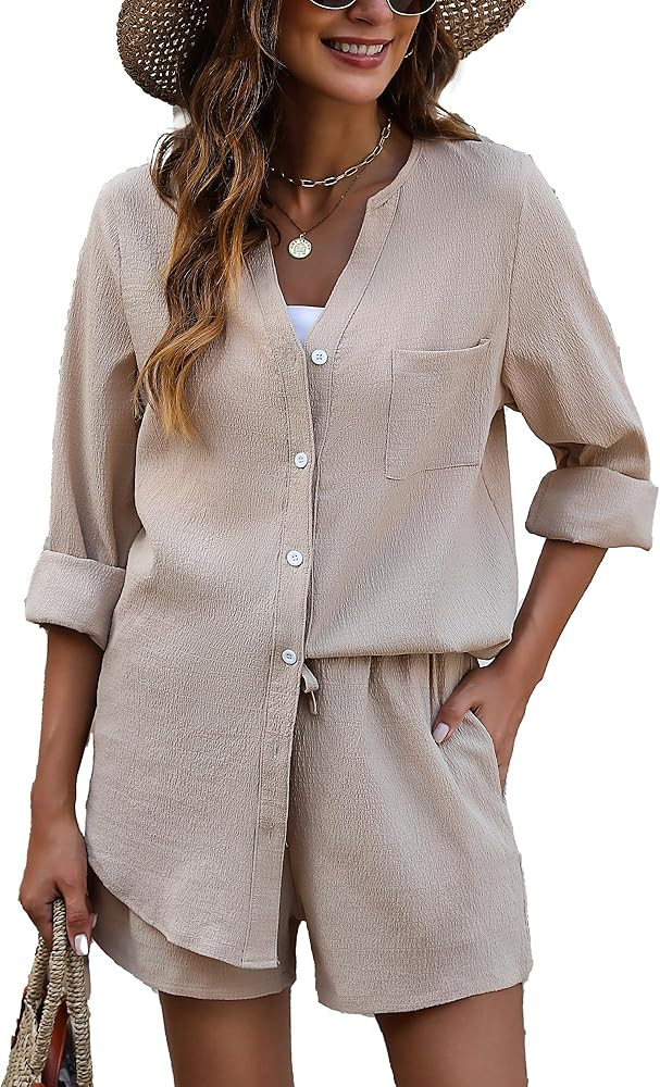 Namifin Women's Two Pieces Outfits Casual Lounge Sets Button Down Shirt and Shorts Matching Pajam... | Amazon (US)