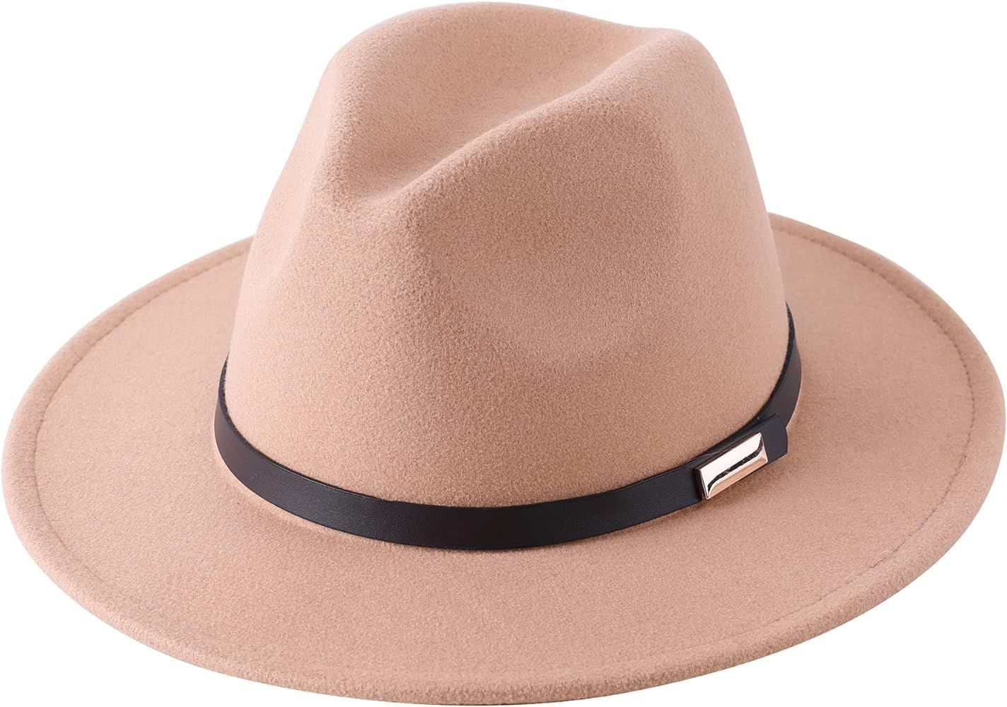 Lanzom Women Lady Retro Wide Brim Floppy Panama Hat Belt Buckle Wool Fedora Hat | Amazon (US)