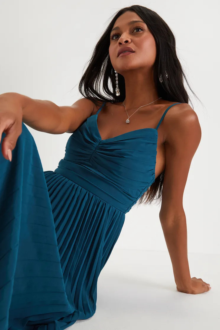 Sensational Charmer Teal Blue Pleated Sleeveless Maxi Dress | Lulus