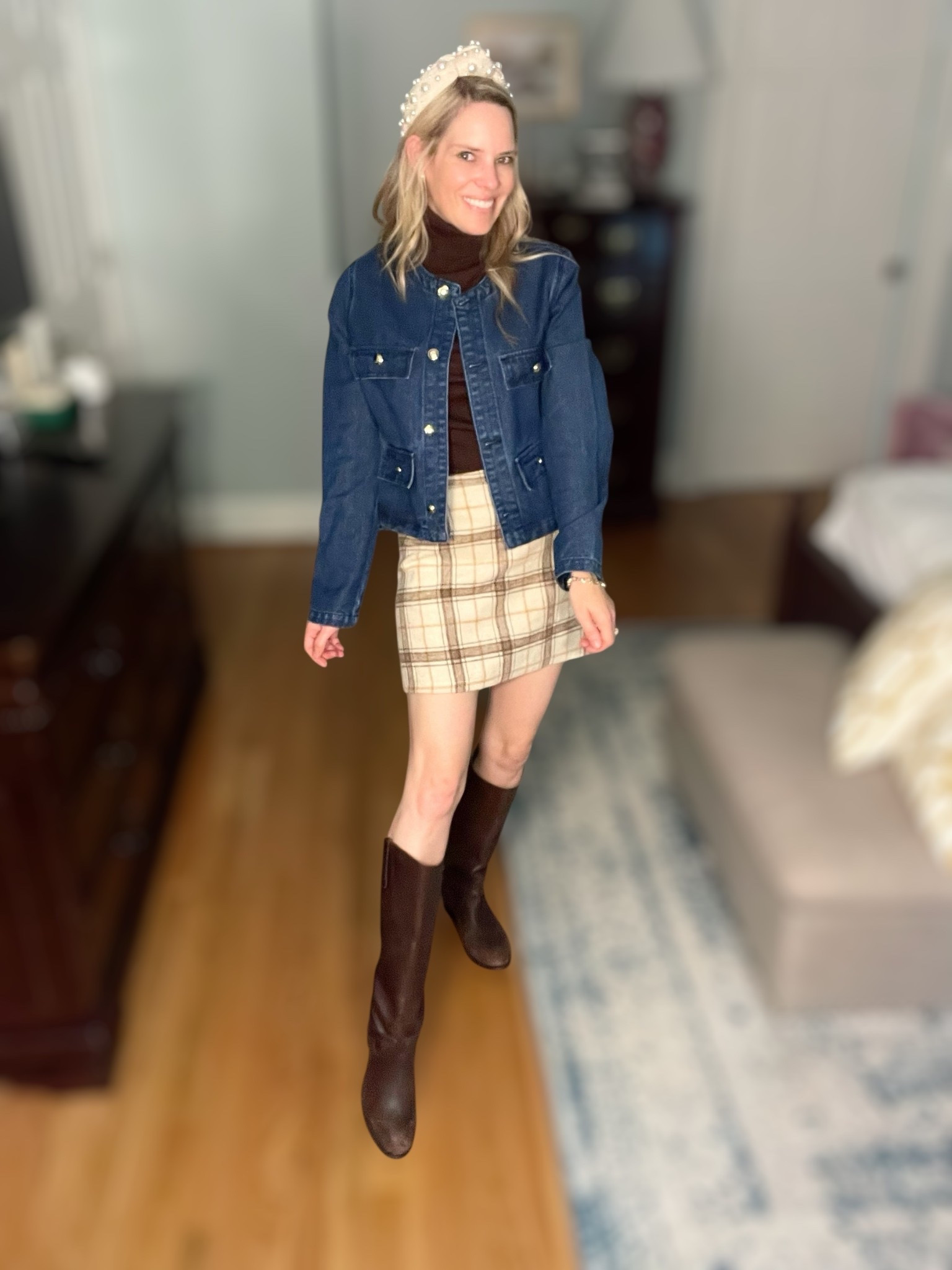 🍂✨ Classic fall style with a preppy twist! I paired a plaid mini skirt with a rich chocolate brown turtleneck and layered on a denim jacket for that timeless mix of casual and chic. The look is finished with tall brown riding boots (mine are an older Frye pair, but I’ve linked similar options at multiple price points!) and a Lele Sadoughi pearl headband for a feminine touch.

This outfit is perfect for fall weekends, pumpkin patch trips, or casual nights out. The plaid and pearls keep it polished, while the denim jacket and boots give it that cozy, effortless vibe.

📌 Shop the Look:
	•	Jean Jacket – budget-friendly Amazon find ✔️
	•	Chocolate Brown Turtleneck – Amazon staple ✔️
	•	Tall Riding Boots – linked Frye, Amazon, & Tuckernuck options 👢
	•	Pearl Headband – Lele Sadoughi classic 🎀

✨ Style Notes:
	•	The plaid skirt keeps it seasonal & preppy 🍁
	•	Layering with a jean jacket gives structure & balance
	•	Riding boots elevate the outfit with equestrian-inspired style 🐎
	•	The pearl headband adds a luxe statement without overpowering

This fall-ready look blends classic preppy pieces with cozy layers—a go-to formula for effortless chic.

👉 Tap to shop my exact finds + similar boots in all price ranges!


#LTKFindsUnder100 #LTKOver40 #LTKFindsUnder50