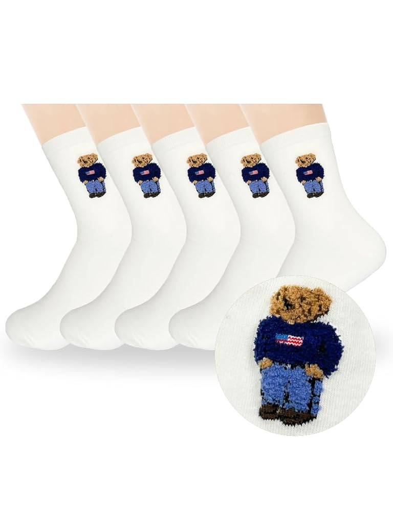 5 Pairs Cute Bear Cotton Crew Socks, Size 4-7 | Amazon (US)