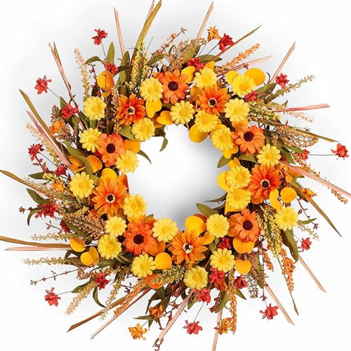 MAINGKAUNG Fall Wreath 22 Inch Fall Wreaths for Front Door Autumn Wreaths with Orange Daisy Flowers Eucalyptus Leaves Grain Ears for Indoor Outside Door Thanksgiving Day Harvest Festival Celebrations | Amazon (US)