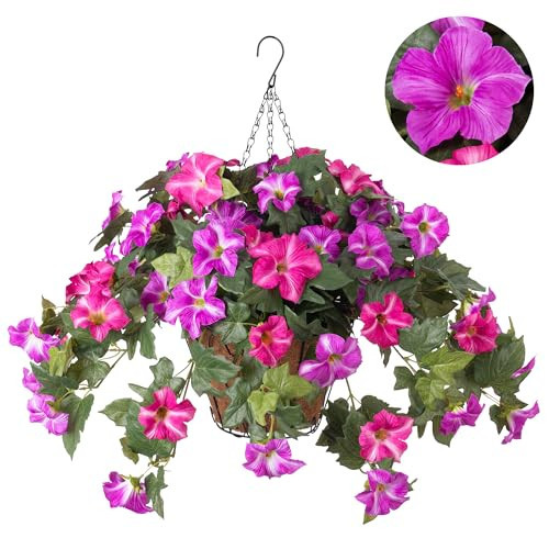 Ammyoo Artificial Hanging Fake Flowers with Basket Plants for Outdoor Decoration, Faux Silk Flower UV Resistant Morning Glory for Home Porch Patio Garden Balcony Yard Look Real (Fuchsia Lotus) | Amazon (US)