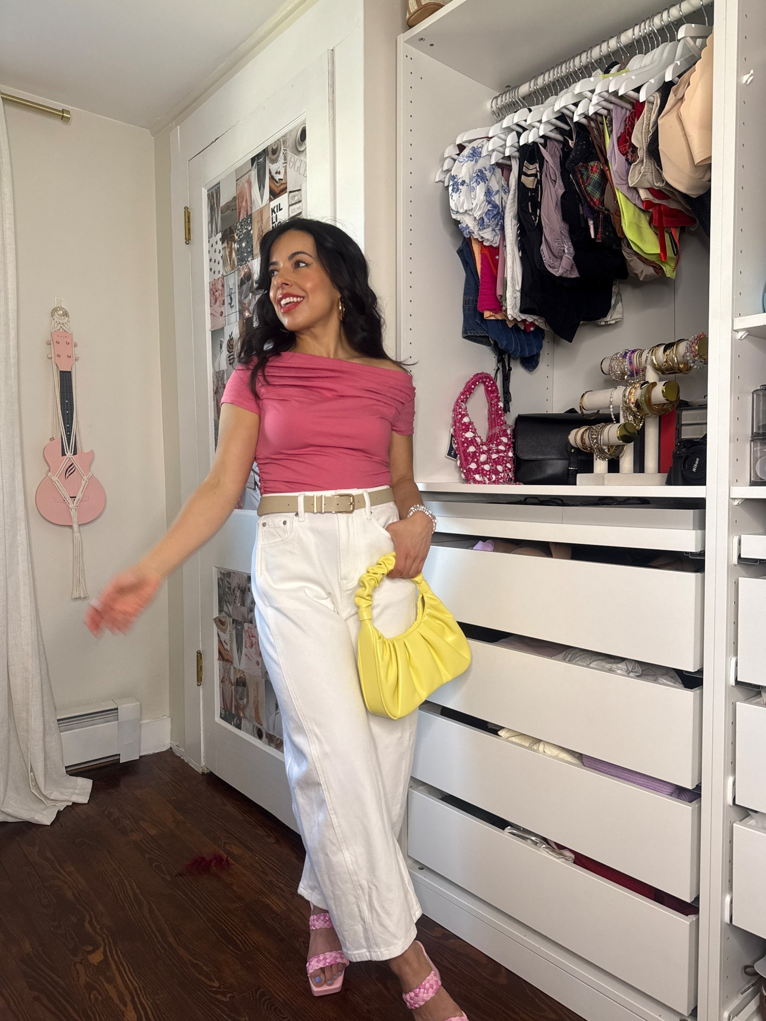 Petite spring outfit idea. Asymmetrical short sleeve top from Amazon. Petite Studio barrel jeans with pink braided sandals. 

Top - size small 

 