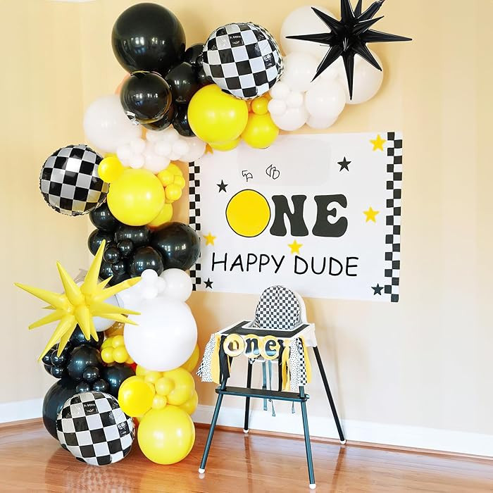 One Happy Dude Balloon Arch Garland Kit, 128Pcs 18" 12" 10" 5" Yellow Black Balloons with Checker... | Amazon (US)