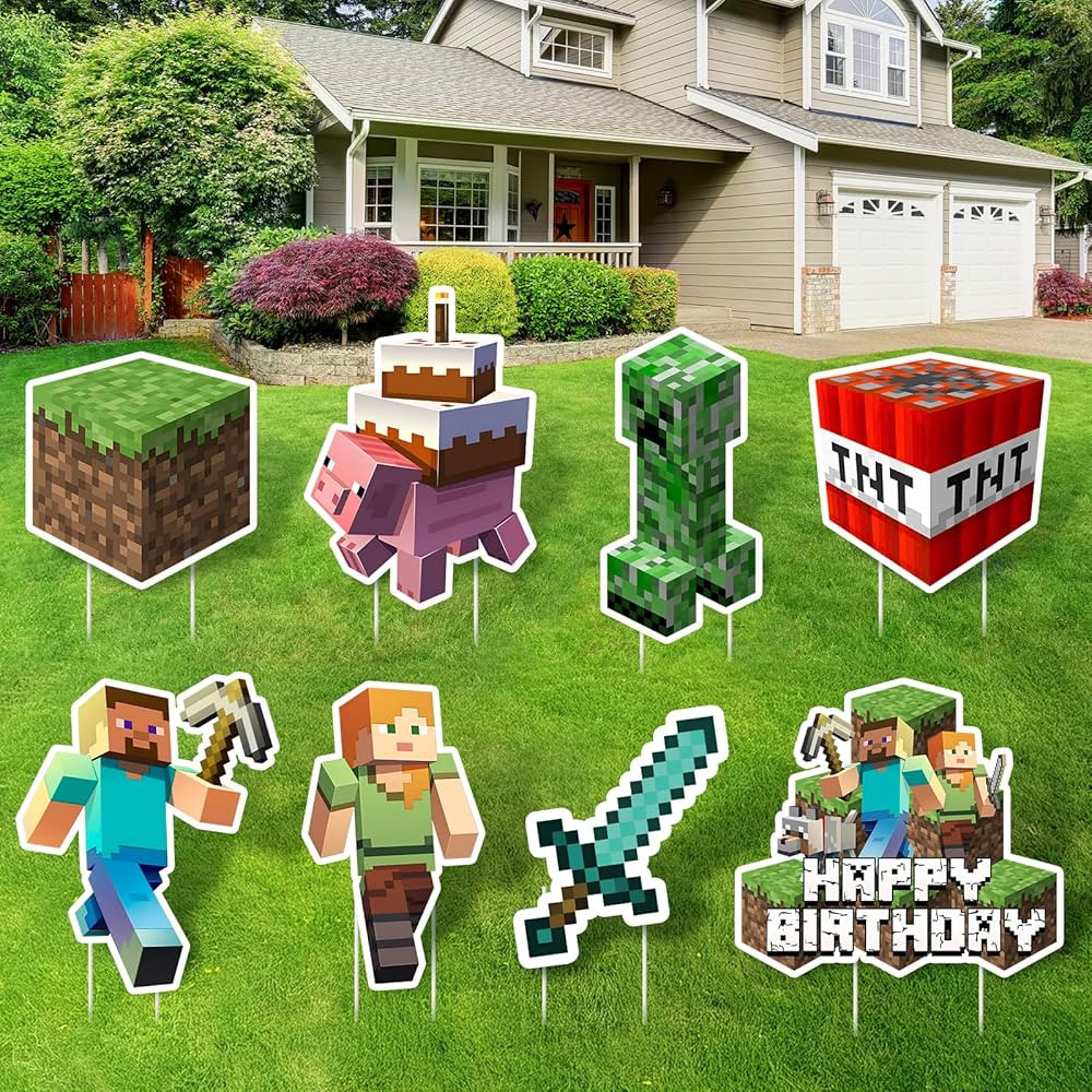 8pcs Birthday Party Yard Sign Set - Pixel Party Supplies with Stakes Weatherproof Outdoor Lawn De... | Amazon (US)