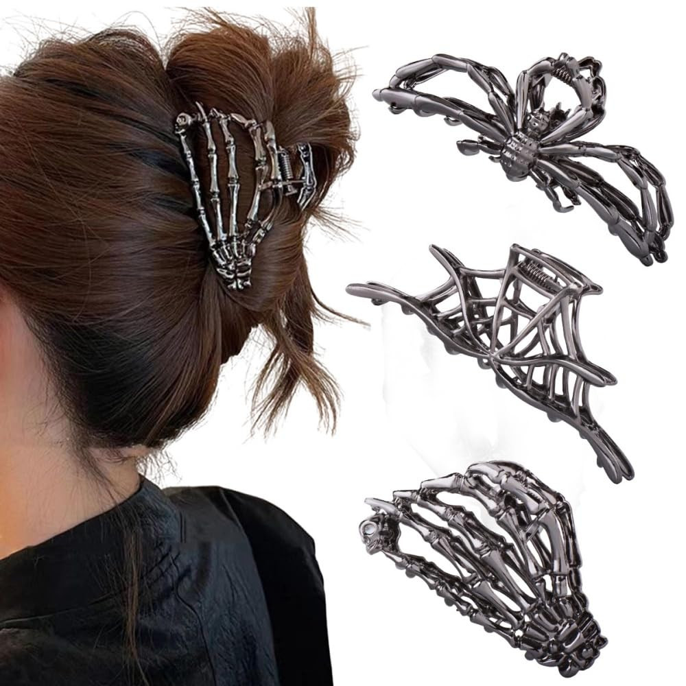 3PCS Black Spider Web Skeleton Hand Skull Hair Claw Clips for Women And Girls, Hiphop Metal Large Medium Size for Thick Thin Hair, Headband Barrette for styling Hair Accessories Party Gift (Black Gun) | Amazon (US)