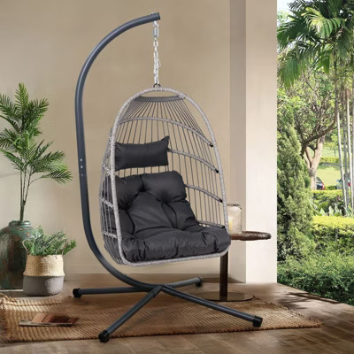 Okak Egg Hanging Swing Chair with Stand,Wicker Foldable Hanging Egg Chair,Outdoor Hammock Chair for Patio,Garden,Backyard,Black+ Gray | Target