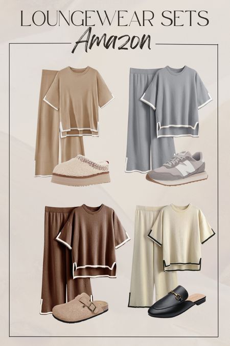 Matching Loungewear Sets From Amazon 
—
Neutral fashion, two piece set, loungewear, travel outfit, travel ootd, sneakers, new balance, Ugg, Sherpa, Tazz slippers, Birkenstock dupe, mules, clogs 