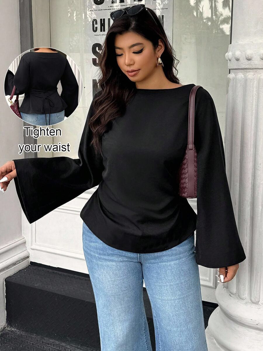 Elegantrix Plus Size Solid Color Boat Neck Asymmetric Hem Elegant Bell Sleeve Blouse, Plus Size Black Tops Bell Sleeve Top Plus Chic Top Fall/Winter | SHEIN