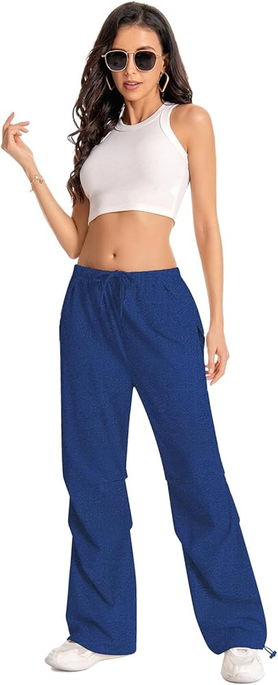 Parachute Pants for Woman Baggy Cargo Pants Drawstring Elastic Waist Y2K Causal Trousers with 4 P... | Amazon (US)