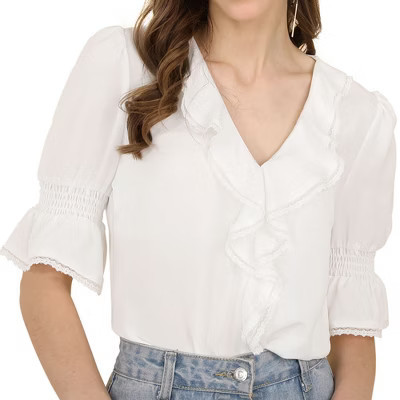 INSPIRE CHIC Women's Ruffle V Neck Puff Sleeve Summer Casual Chiffon Peasant Top X-Small White | Target