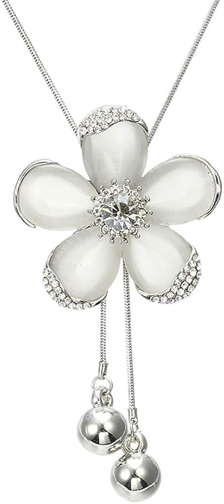 Crystal Flower Pendant Necklace Pretty Pearl Adjustable Long Sweater Necklace Fashion Jewelry for... | Amazon (US)