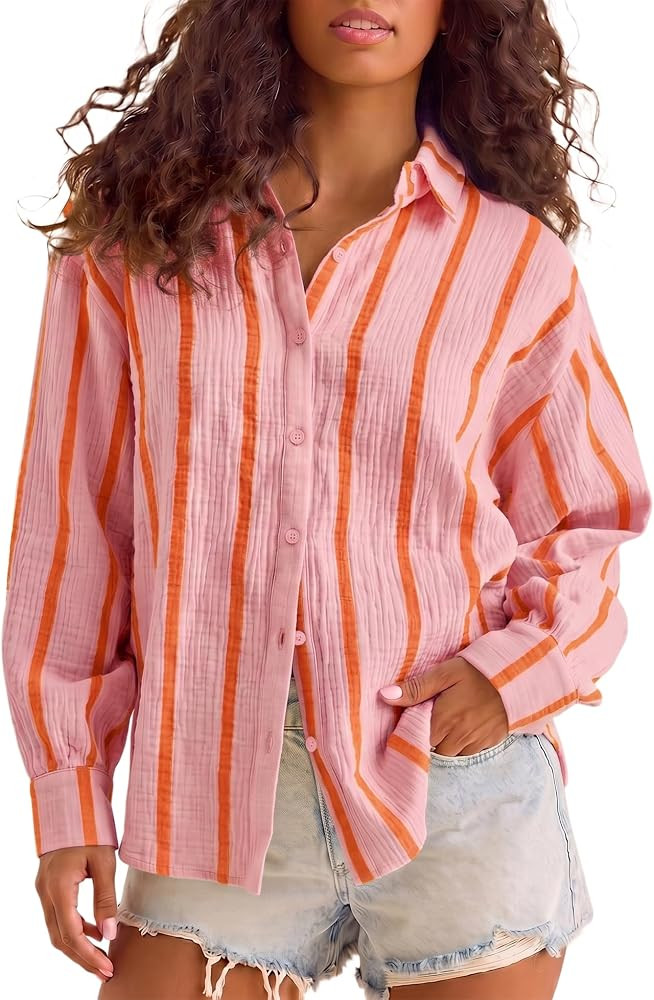 Striped Shirts Blouse for Women Boyfriend Gauze Shirt Oversized Summer Beach Top Long Sleeve Loos... | Amazon (US)
