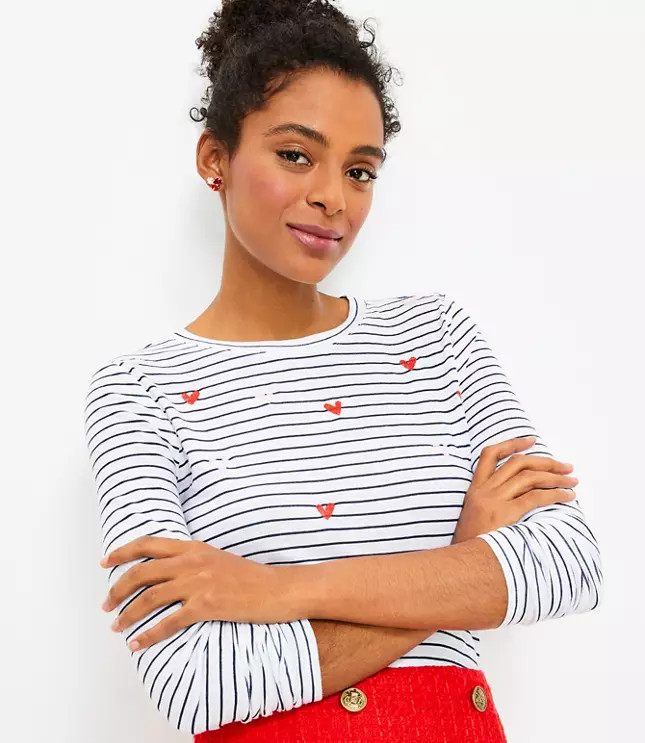 Heart Stripe Long Sleeve Everyday Crew Tee | LOFT