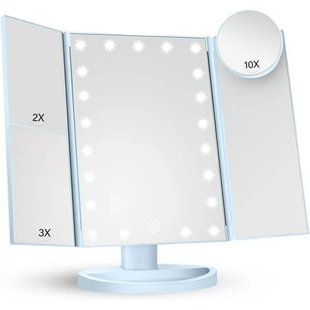 Makeup Mirror Vanity with Lights, 2X 3X 10X Magnification, Lighted Mirror, Touch Control, Trifold Dual Power Supply, Portable LED Women Gift (Blue) | Walmart (US)