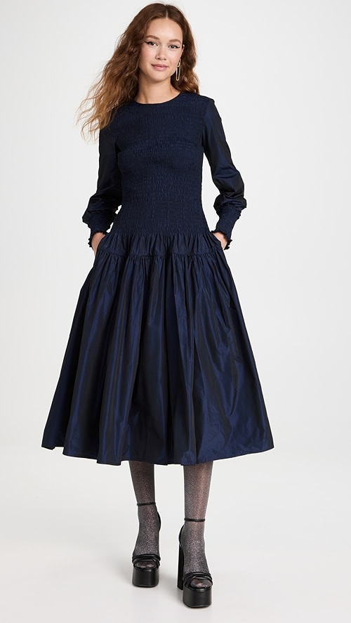 Molly Goddard Shirred Taffeta Long Sleeve Midi Dress | SHOPBOP | Shopbop