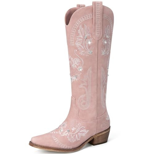 Dixhills Pink Cowboy Boots for Women - Wide Calf Knee High Cowgirl Boot, Glitter Sparkly Rhinestone Western Country Boots with Classic Embroidery, Pointed Toe Pull,size 7.5 | Amazon (US)