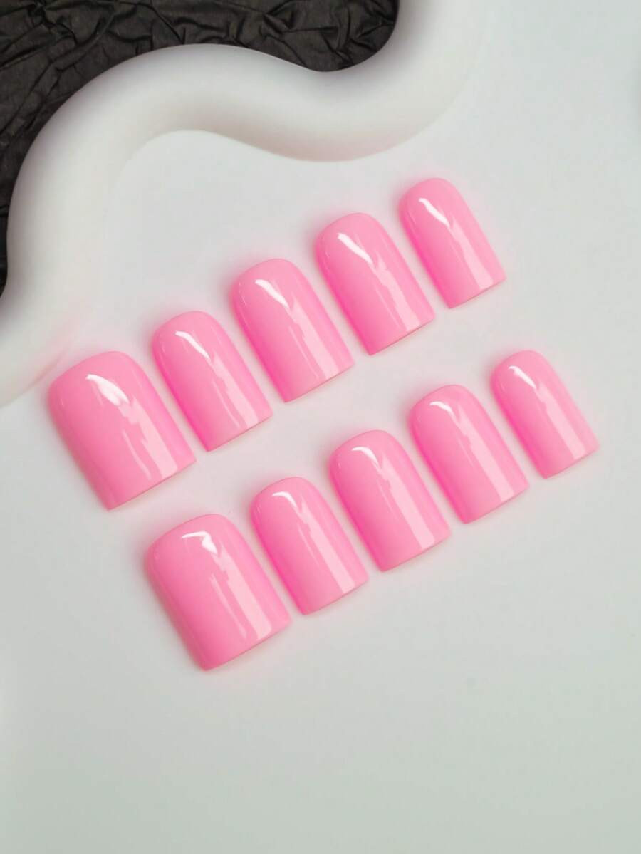 10pcs Y2K Square Nail Art Manicure, Handmade Solid Pink Color Nail Tips, Shiny Nail Stickers Suit... | SHEIN