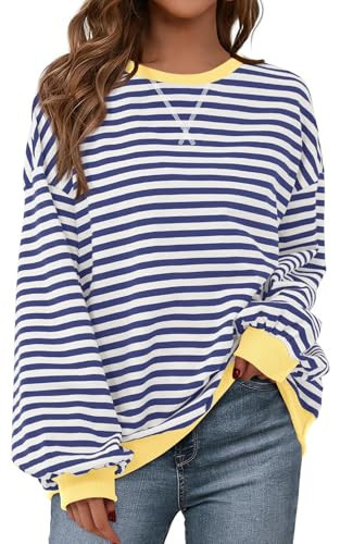 PRETTYGARDEN Womens Striped Oversized Sweatshirt Color Block Crew Neck Long Sleeve Casual Loose Pullover Top Y2K Clothes (Dark Blue White, Large) | Amazon (US)