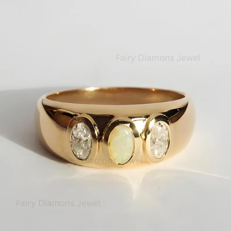 14K Gold Opal Moissanite Ring: Chunky Bezel Set Wedding Band - Etsy | Etsy (Global)