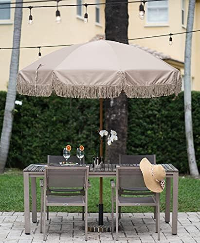 AMMSUN 7ft Patio Umbrella with Fringe Outdoor Tassel Umbrella UPF50+ Wood Color Steel Pole and St... | Amazon (US)