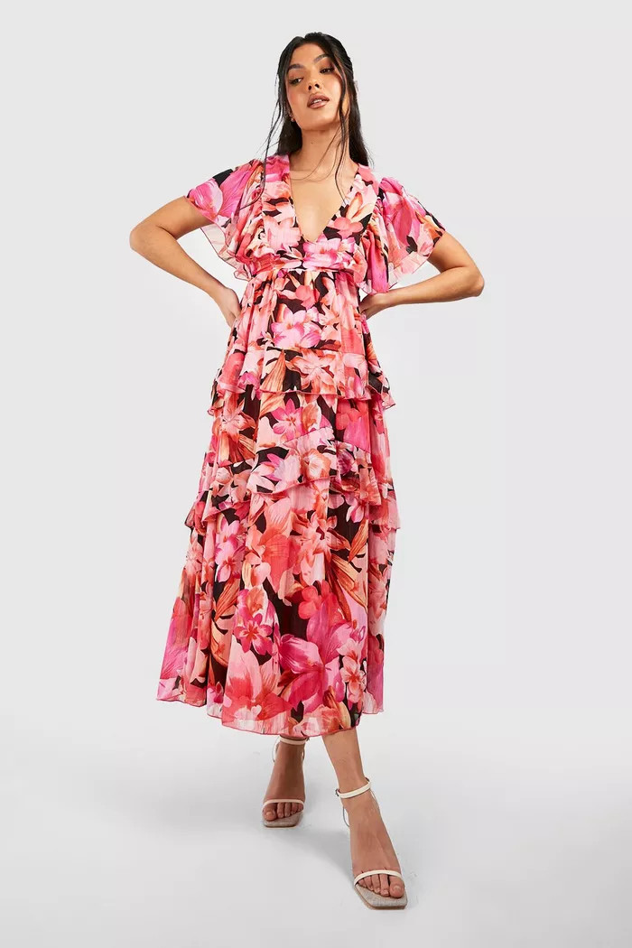 Maternity Occasion Floral Ruffle Midaxi Dress | Boohoo.com (US & CA)