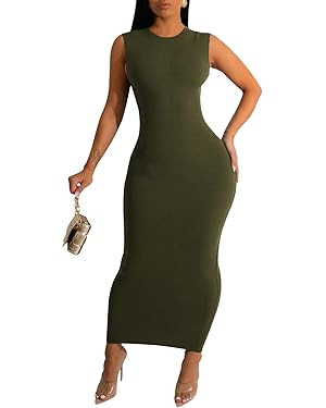 FairBeauty Women's Basic Ribbed Bodycon Dress Round Neck Tank Sleeveless Pencil Long Dresses | Amazon (US)