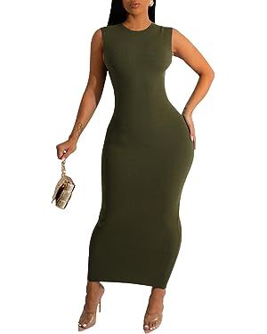 FairBeauty Women's Basic Ribbed Bodycon Dress Round Neck Tank Sleeveless Pencil Long Dresses | Amazon (US)