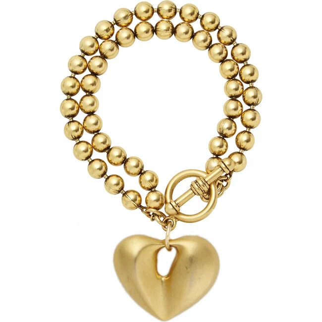 Brinker & Eliza | Women's Lucy Double-Beaded Ball Chain Bracelet w/ Puffy Heart Charm, (Gold, One Size) | Maisonette | Maisonette