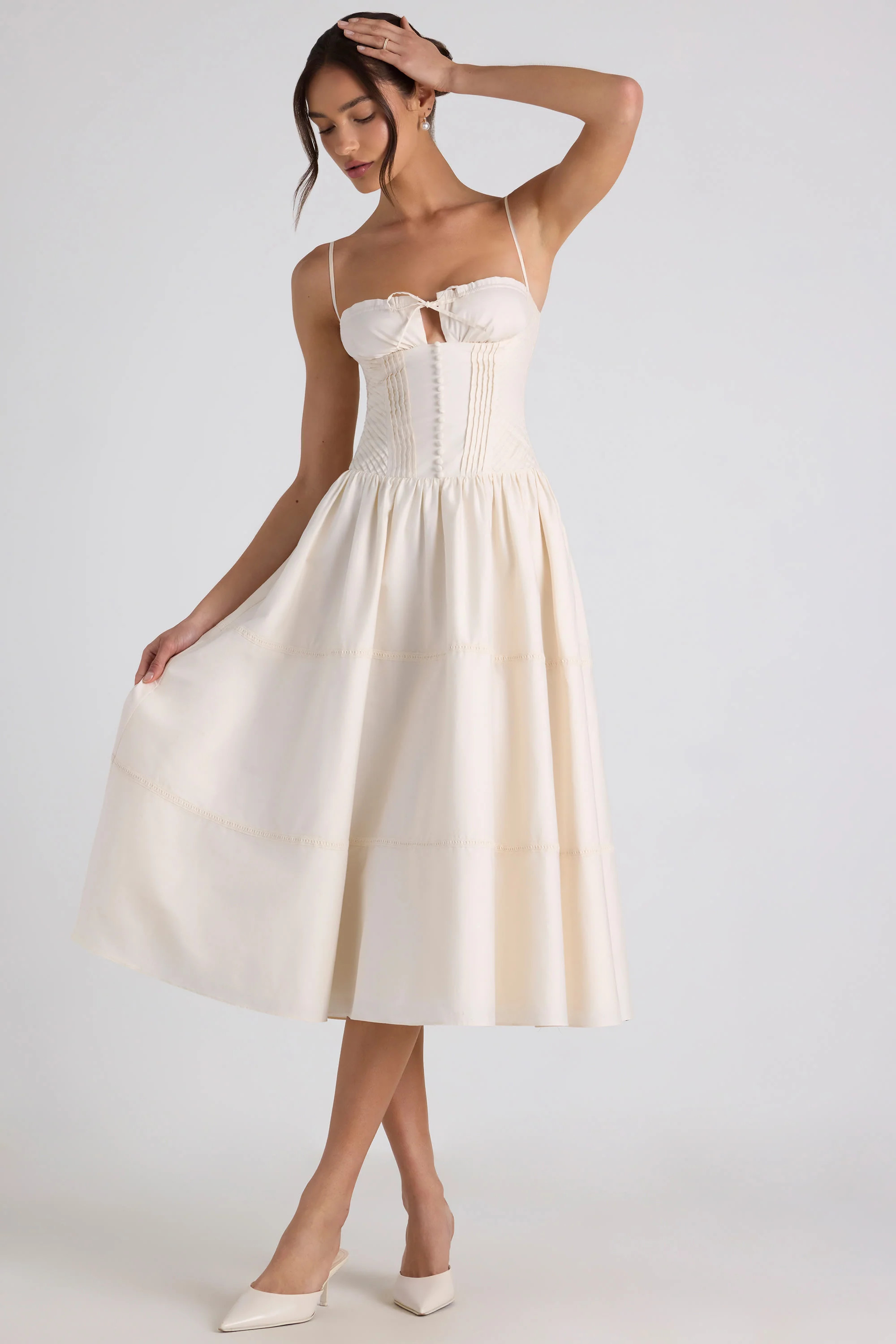 Lace-Trim Pintucked Poplin Midaxi Dress in Ivory | Oh Polly