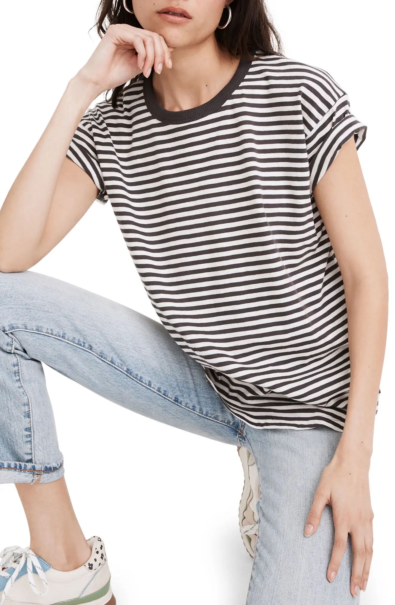 Women's Madewell Damien Stripe Whisper Cotton Rib Crewneck T-Shirt, Size Small - Black | Nordstrom