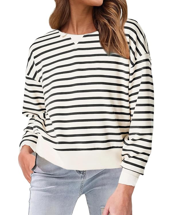 Glamaker Women's Crewneck Cropped Sweatshirt Pullover Stripe Air Essentials Basic Long Sleeve Shi... | Amazon (US)