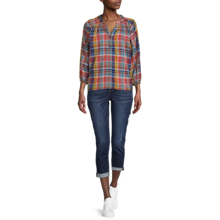 Time and Tru Women's Button Down Top with Puff Sleeves | Walmart (US)