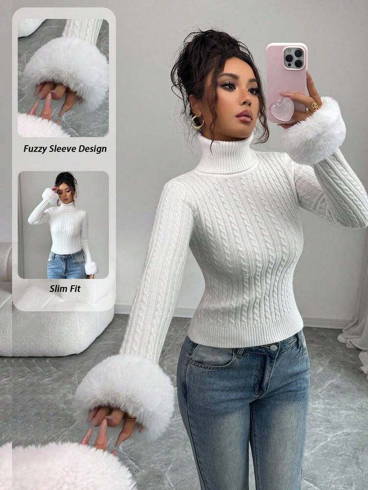 Elenzga Elegant Solid Color Fitted Sweater, High Neck Cable Knit Texture, Fashion Contrast Sleeve... | SHEIN