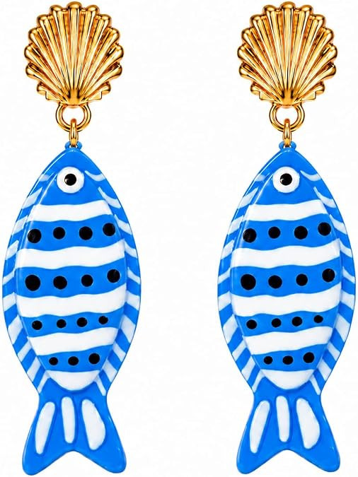 Fish Earrings for Women Summer Ocean Gold Shell Fish Drop Earrings Gold Tone Shell Fishes Charms ... | Amazon (US)